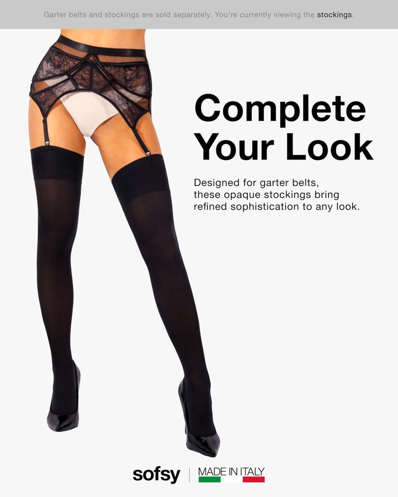 sofsy 60 Denier Black Stockings for Women's Garter Belt [Made in Italy] Ultra-Soft, Durable Opaque Thigh Highs for Evening Wear - Large - Image 5